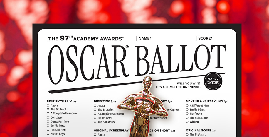 Top half of an Oscar ballot prediction game, shown against a red sequined background