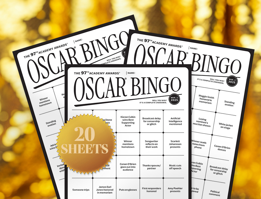 2025 Oscar bingo card printouts in front of a gold sequined background